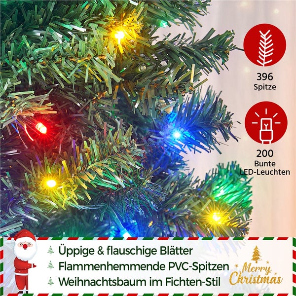 Detailaufnahme eines geschmückten Tannenbaums mit 396 Spitzen und 200 bunten LED Lichtern.