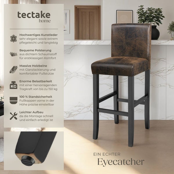tectake home Logo. Brauner Barhocker aus Kunstleder und Massivholz mit Fußstütze, verstellbaren Fußkappen und einer Tragkraft bis 150 Kilogramm.