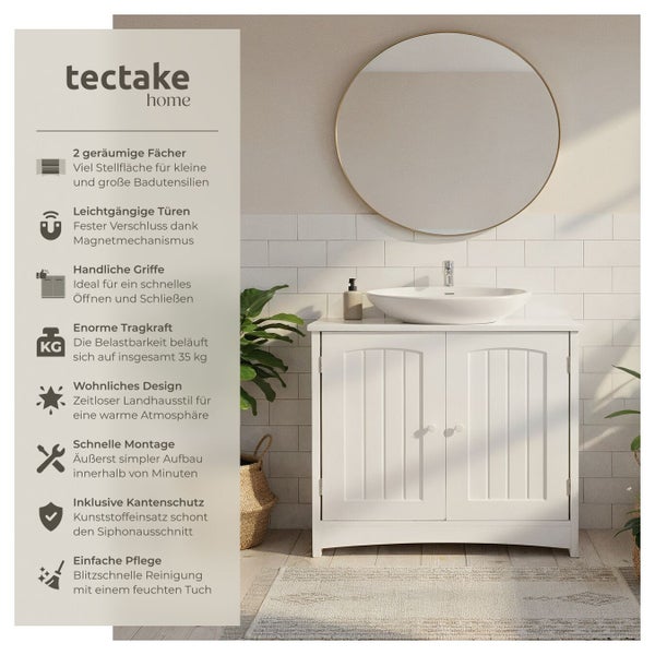 Waschtischunterschrank von tectake home im Landhausstil mit zwei Türen, Waschbecken und rundem Spiegel in modernem Badezimmerambiente.