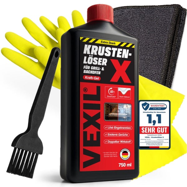 Vexil Krustenlöser X Reinigungsset mit Kraftgel für Grill und Backofen inklusive Bürste und Reinigungstuch sowie Warentest Prüfsiegel.