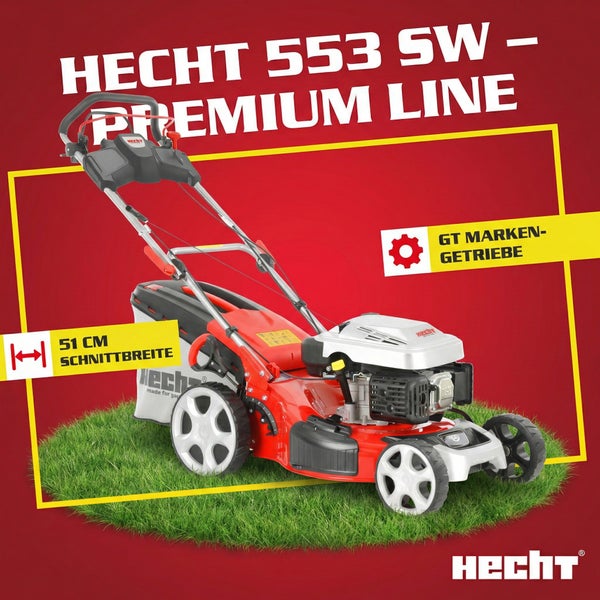 Benzin-Rasenmäher Hecht 553 SW Premium Line mit 51 Zentimeter Schnittbreite und GT Marken-Getriebe. Hecht Logo.