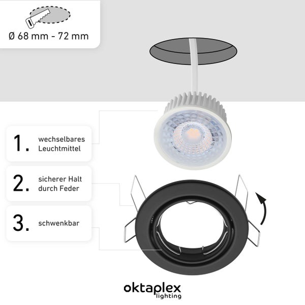 Spots schwenkbar Dijon 2700K LED Modul 4,8W 230V 380lm Warmweiß Einbauleuchten Schwarz Lochmaß 68mm