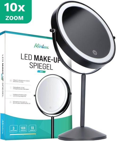 Mirlux Kosmetikspiegel mit LED Beleuchtung 10fache Vergrößerung Rund 3 Lichtstufen Wiederaufladbar  Schwarz