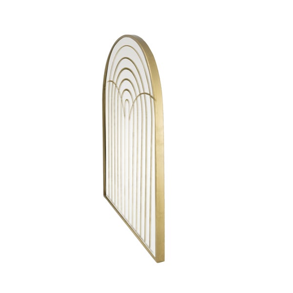 Dekorativer Wandspiegel in Bogenform mit goldenem Metallrahmen und bogenförmigem Gittermuster.