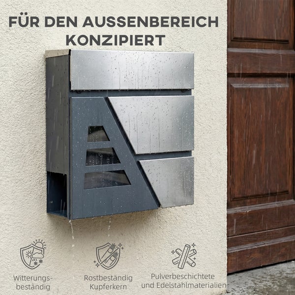 Moderner Wandbriefkasten aus Edelstahl und pulverbeschichtetem Metall im Regen, wetterfest und rostbeständig für den Außenbereich.