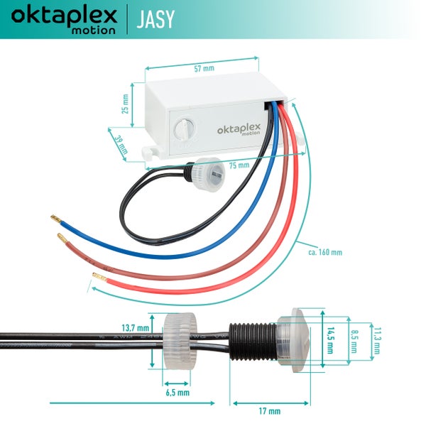 Oktaplex motion JASY Dämmerungsschalter mit Sensor, Einstellung 5 bis 50 Lux, Schaltleistung 1200 Watt für Glühlampen und 600 Watt für LED.