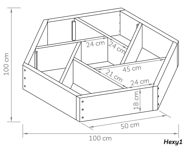 Maßzeichnung eines sechseckigen Hochbeets aus Holz mit den Maßen 100 mal 100 mal 18 Zentimeter und Innenfächern.