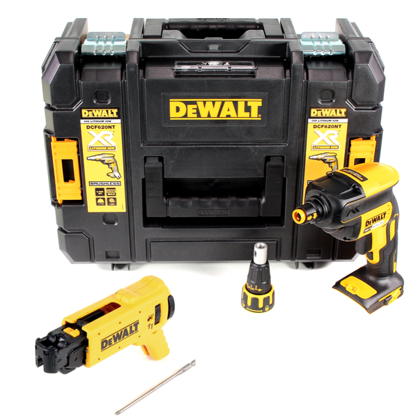 DeWalt 18 Volt Akku-Trockenbauschrauber bürstenlos mit Magazinvorsatz, Bit und Transportkoffer mit DeWalt Logo.