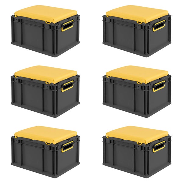 Sechs graue Euroboxen mit gelbem Sitzkissen