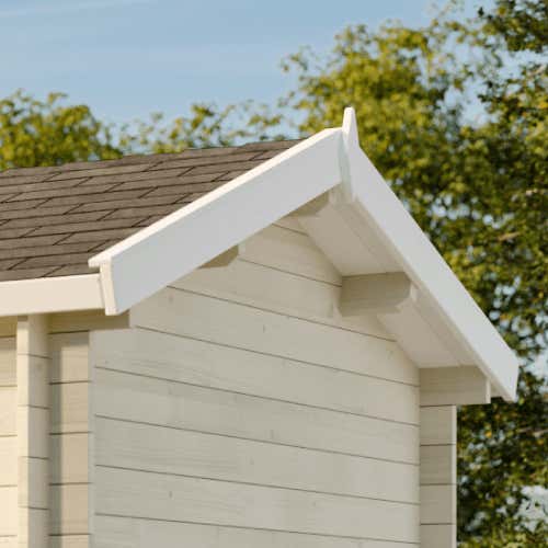 Detailansicht eines Gartenhauses mit Dach und Holzfassade