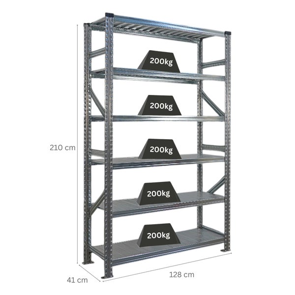 Metallregal mit fünf Regalböden und Gewichtsangaben
