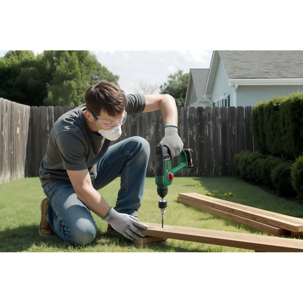 Handwerker mit Bosch Akku Bohrschrauber beim Bohren in Holz im Garten.