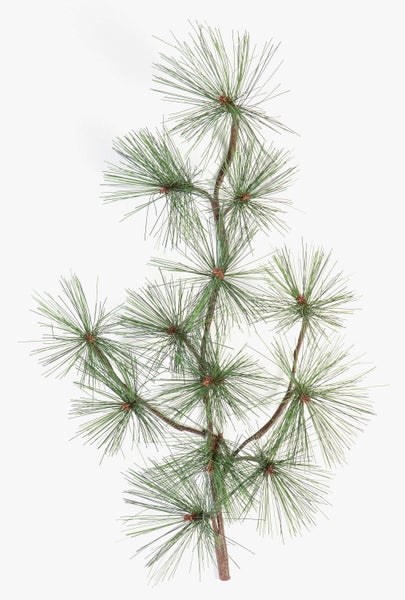 Künstlicher Kiefernzweig mit langen Nadeln und braunem Ast.