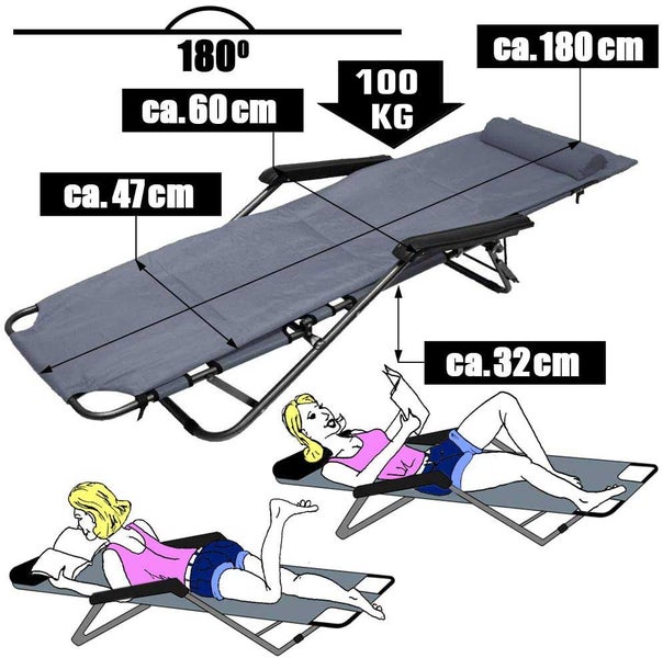 Campingstuhl Liegestuhl Freizeitliege Sonnenliege Strandliege Campingliege Klappliege Liege incl. Auflage 178cm Grau