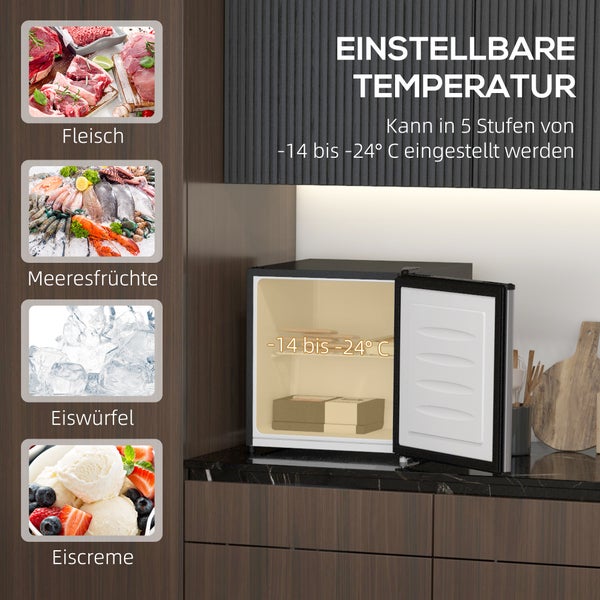 Kleiner Gefrierschrank auf einer Küchenzeile mit einstellbarer Temperatur von minus 14 bis minus 24 Grad Celsius für Fleisch, Fisch und Eiscreme.