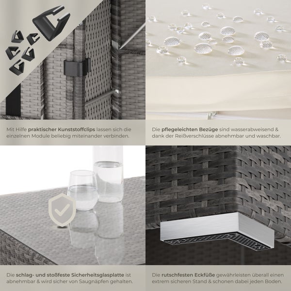 Rattan Lounge tectake Marbella mit Sicherheitsglasplatte mit Aluminiumgestell grau