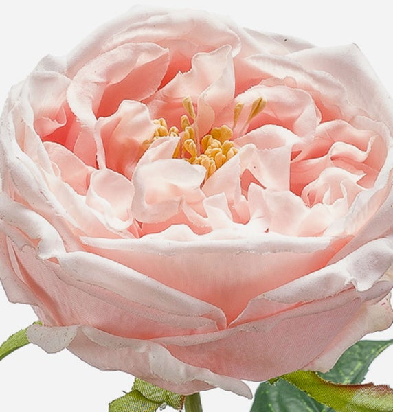 Künstliche Rose in Rosa mit grünem Stiel und Blättern.