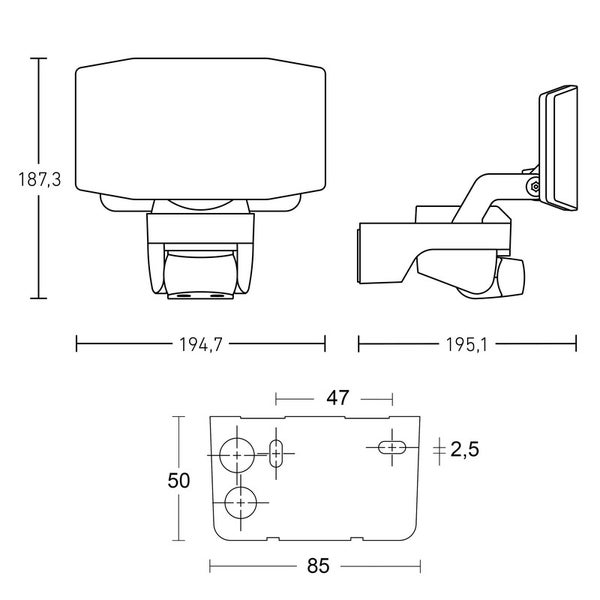 Technische Zeichnung eines Bewegungsmelders mit Maßangaben