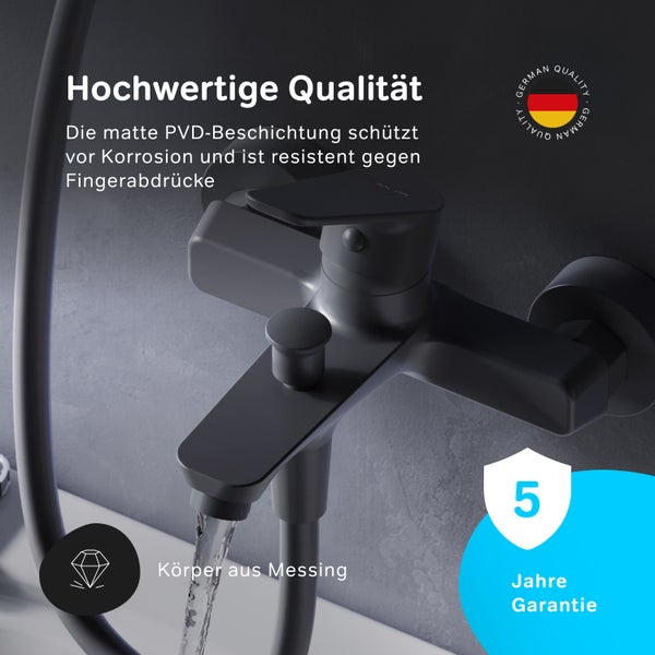 Schwarze Badewannenarmatur aus Messing mit PVD-Beschichtung und fünf Jahren Garantie