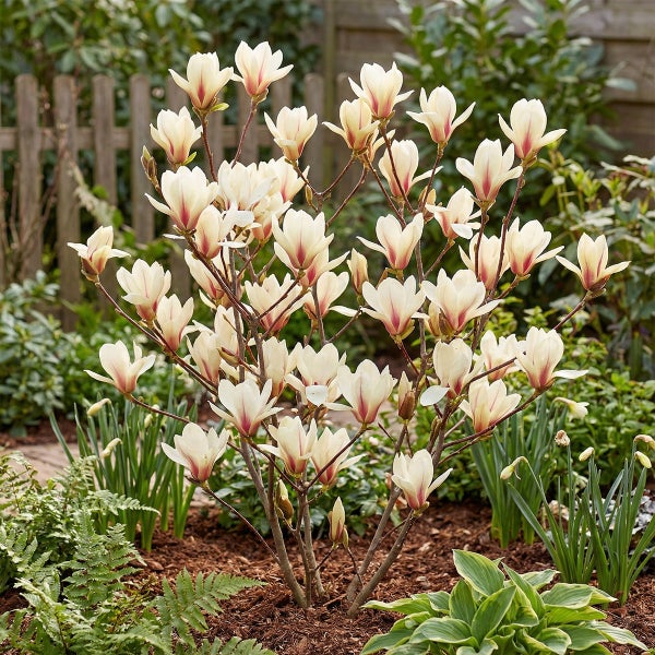 Blühende Magnolie mit weißen und rosafarbenen Blüten in einem Gartenbeet mit Rindenmulch und Farnen.