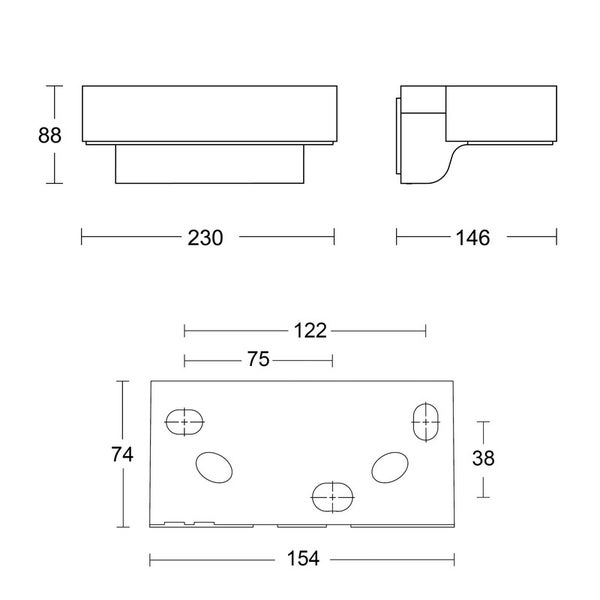Maßzeichnung einer Wandleuchte mit den Abmessungen 230 mal 88 mal 146 Millimeter und Details zur Montageplatte.