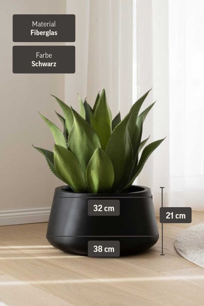 Schwarzer Pflanzkübel aus Fiberglas mit 32 Zentimeter Durchmesser oben, 38 Zentimeter unten und 21 Zentimeter Höhe.