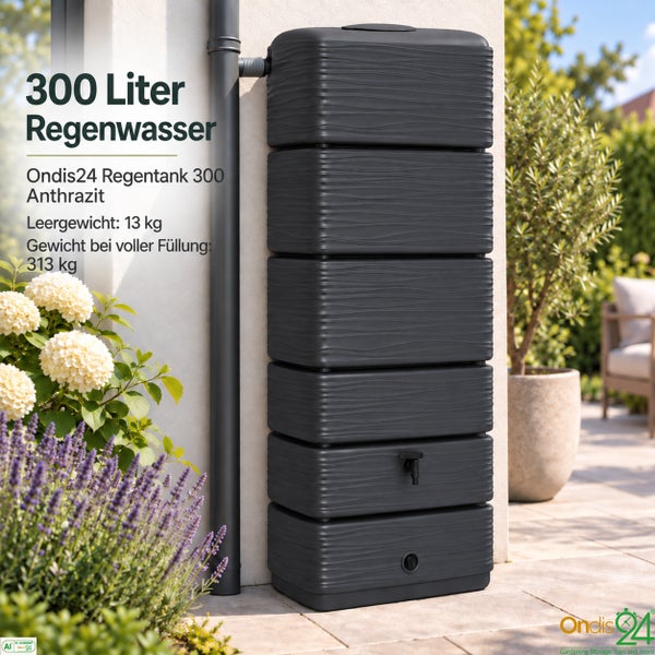 Ondis24 Regentank 300 Liter in Anthrazit für die Gartenbewässerung mit Ablaufhahn und Anschluss für das Fallrohr.
