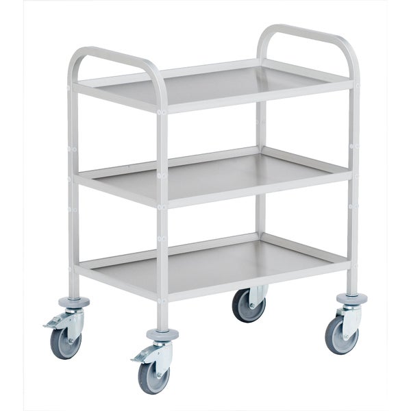 Servierwagen aus Edelstahl mit drei Etagen, Schiebebügeln und vier Lenkrollen.