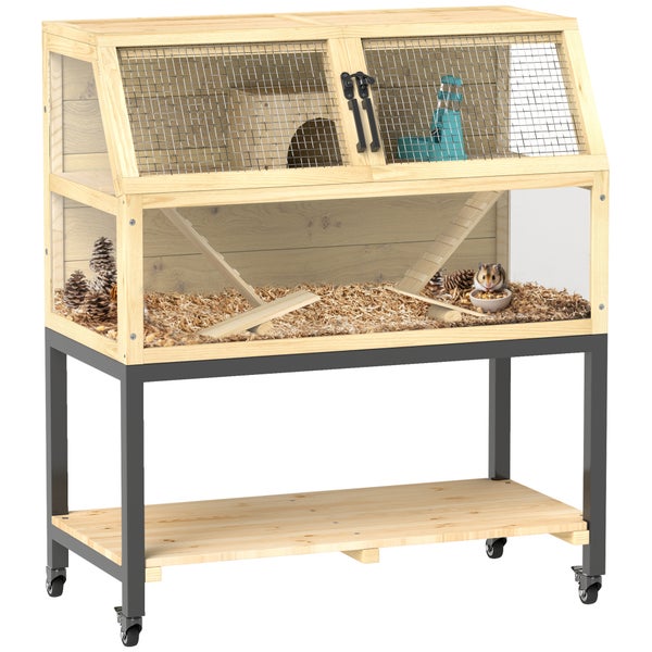 PawHut Zwerghamsterkäfig aus Holz, 87 x 43 x 101 cm Nagerkäfig mit Ablagefläche, Wasserflasche, Hütte, Wippen, Kleintierkäfig mit Rädern, Rampen, Naturholz