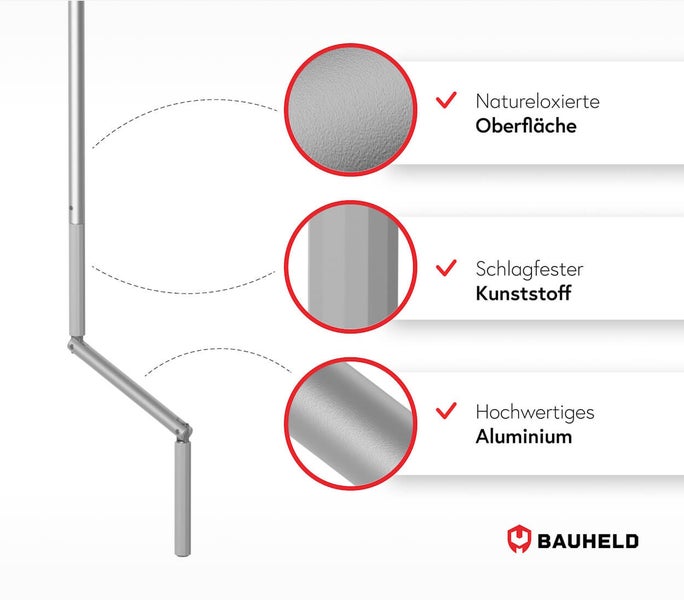 Produktbild mit Details zu natureloxierter Oberfläche, schlagfestem Kunststoff und hochwertigem Aluminium. Bauheld Logo.