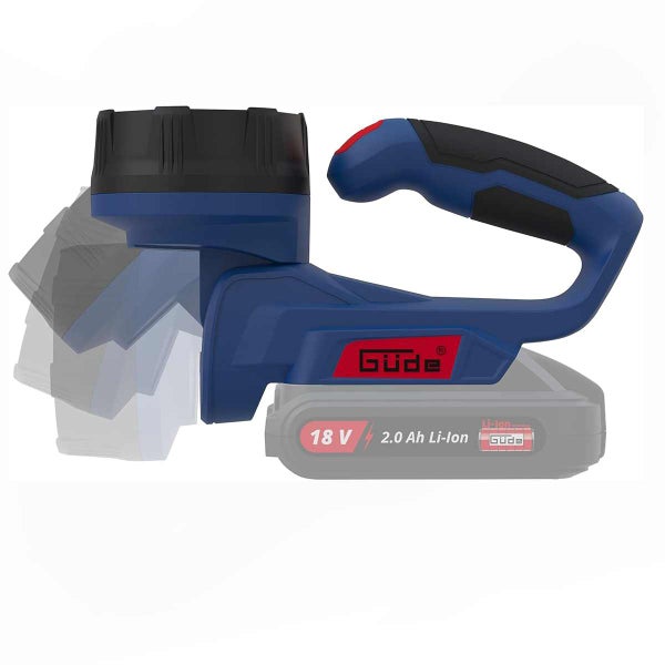 Güde Akku-Handlampe 18 Volt mit schwenkbarem Leuchtkopf und ergonomischem Griff.