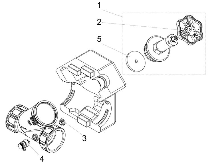 Technische Explosionszeichnung einer Ventilbaugruppe mit Dämmschale, Handrad und Entleerventil, nummerierte Einzelteile von 1 bis 5.