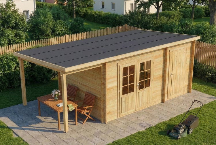 Modernes Gartenhaus aus hellem Holz mit Flachdach, Doppeltür mit Lichtausschnitten und integrierter überdachter Terrasse auf Steinplatten.