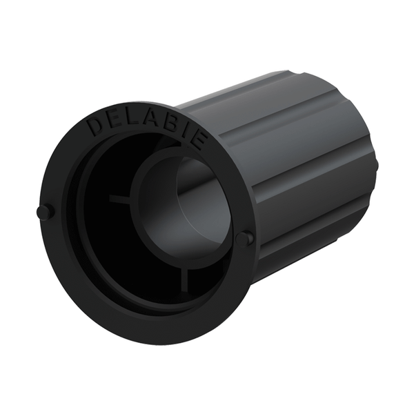 Schwarzes zylindrisches Bauteil von Delabie aus Kunststoff mit gerippter Oberfläche und Markenprägung.