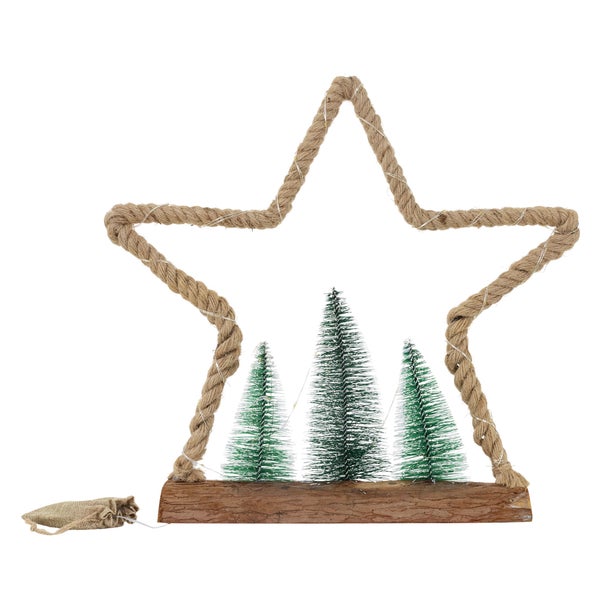 ECD Germany LED Jute Stern mit LED-Beleuchtung 45x9,5x45 cm, Deko Weihnachtsstern aus Seil mit 45 warmweißen LEDs, 3 Tannen, Jutesäckchen, Batterien, Timer, Weihnachtsbeleuchtung Weihnachtsdeko Innen