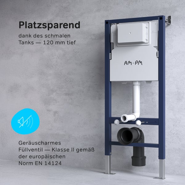AM PM Vorwandelement mit schmalem 120 Millimeter Spülkasten und geräuscharmem Füllventil Klasse II gemäß europäischer Norm EN 14124.