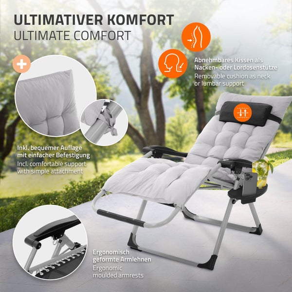 Hauki 2er Set Sonnenliege klappbar, Grau, Liegestuhl mit Polster, Nackenkissen & Getränkehalter, Extra groß Gartenliege wetterfest, Zero Gravity Stuhl, Outdoor Relaxliege, Gartenstuhl mit Rückenlehne