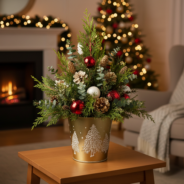 Weihnachtliches Tischgesteck im goldenen Übertopf mit Tannenzweigen, Zapfen und Christbaumkugeln in einem Wohnraum mit Kamin