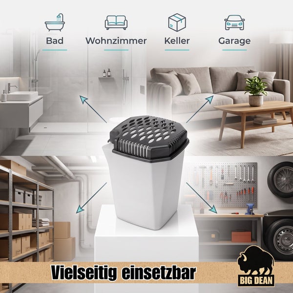 Luftentfeuchter fuer Bad, Wohnzimmer, Keller und Garage mit Big Dean Logo
