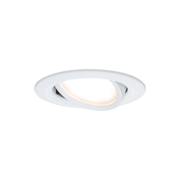 Schwenkbarer LED-Einbaustrahler in Rundform aus weißem Kunststoff.