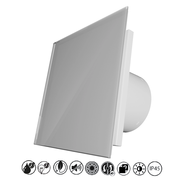 Badlüfter mit quadratischer Glasfront, Feuchtigkeitssensor, Zeitschaltuhr, Kugellager, Rückschlagklappe, leise, energieeffizient und Schutzart IP45.