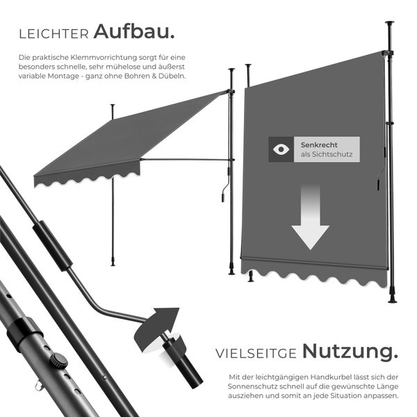 Klemmmarkise mit Teleskopstangen zur Montage ohne Bohren, nutzbar als Sonnenschutz oder senkrechter Sichtschutz mit Handkurbel.