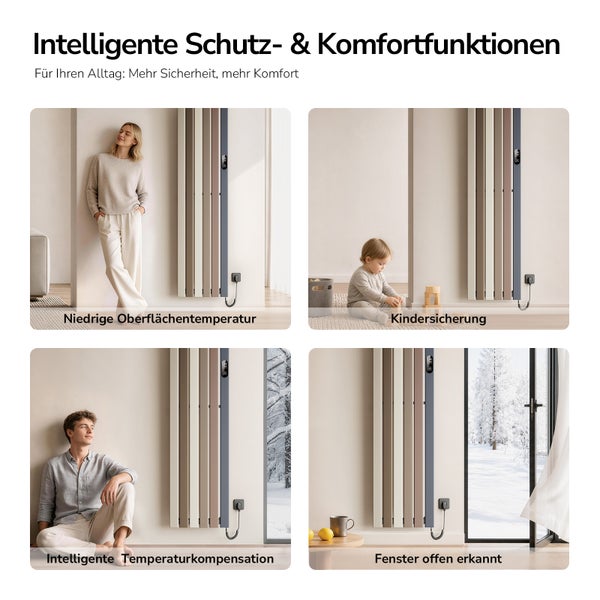 Infografik zeigt Sicherheits- und Komfortfunktionen eines Elektroheizkörpers mit niedriger Oberflächentemperatur, Kindersicherung und Sensorik.