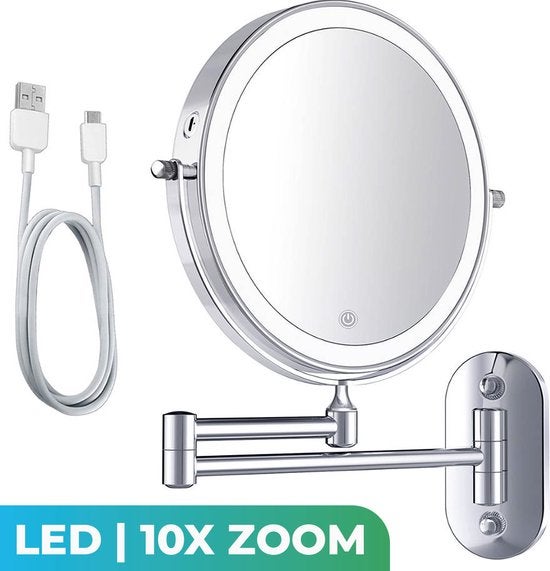 Mirlux Make Up Spiegel mit LED Beleuchtung, Kosmetikspeigel 10x Vergrößerung Wandspiegel rund Chrom