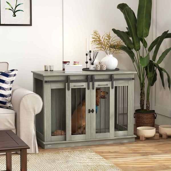 PawHut Hundekäfig, Hundehütte mit Zweiraum-Option, Haustierkäfig mit Doppeltüren, Hundebox, Hundehaus für Mittelegroße Hunde, 120 x 60 x 88,5 cm, Grau