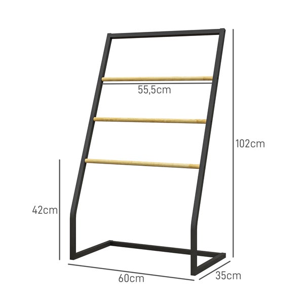 HOMCOM Handtuchhalter Stehend Handtuchständer mit 3 Handtuchstangen Handtuchleiter aus Stahl und Bambus Badetuchhalter für Badezimmer, Handtücher, Badetücher 60cm x 35cm x 102cm