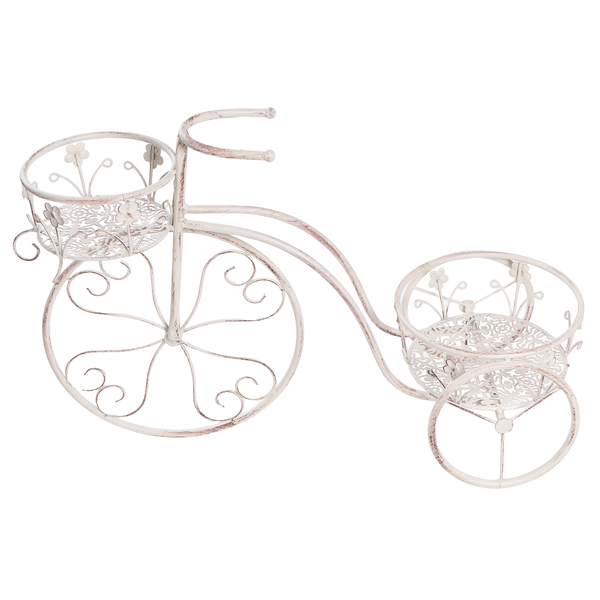 Dekorativer Blumenständer in Fahrradform aus Metall mit zwei runden Pflanzkörben und Verzierungen.
