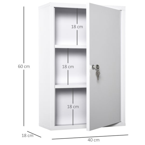 kleankin Medizinschrank Arzneischrank Erste-Hilfe-Schrank mit Schloss 3 Fächer Stahl Weiß 40 x 18 x 60 cm