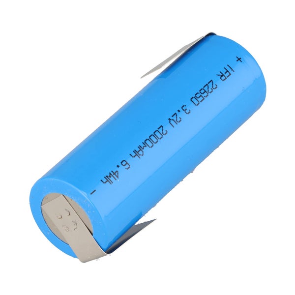 Blauer wiederaufladbarer Lithium-Eisenphosphat-Akku Modell 22650 mit 3,2 Volt, 2000 Milliamperestunden und Lötfahnen.