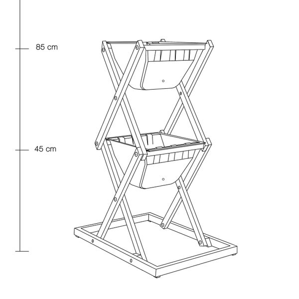 Zeichnung eines vertikalen Pflanzregals mit zwei Etagen und Höhenangaben von 45 Zentimeter und 85 Zentimeter.